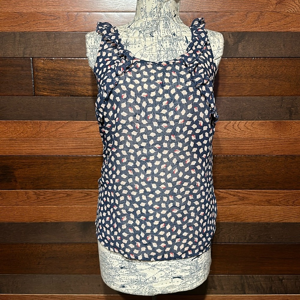 Old Navy Scoop Neck Sheer Ruffled Navy Blue Floral Sleeveless Blouse